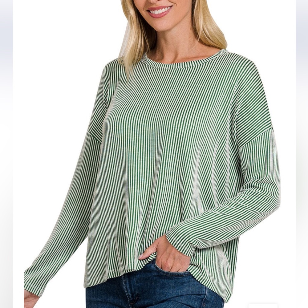 Green Zenana Ribbed Stripe Boat Neck Drop Shoulder Long Sleeve Top